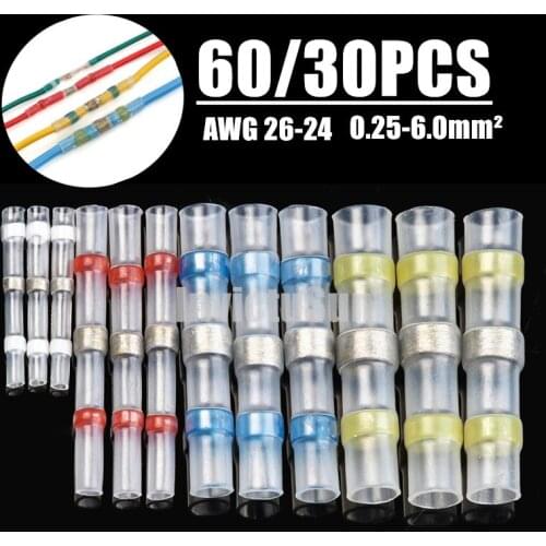 60/30PCS Solder Seal Wire Connectors - Heat Shrink Solder Butt Connectors - Solder Connector Kit - Automotive Marine Insulated
