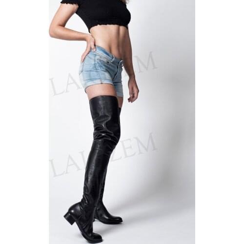 BERZIMER Women Over Knee Boots 2.5CM Low Heels Thigh High Boots 4 Seasons Botas Zapatos Lady Shoes Woman Large Size 45 46 50 52