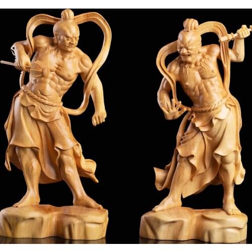 Boxwood 20cm Marshals Heng Ha Door God Sculpture Wood Buddha Statue Chinese Feng Shui Wood Home Decor