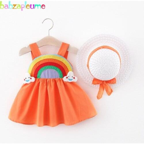 2Piece Set Newborn Clothes Infant Girls Beach Dress Cartoon Cute Rainbow Sleeveless Cotton Baby Princess Dresses+Sunhat BC1872-1