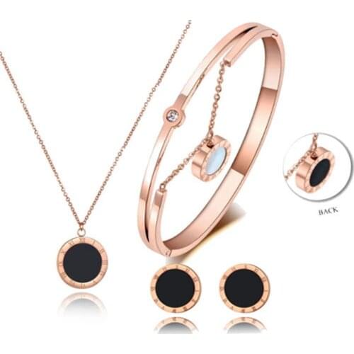 316L Stainless Steel Roman Numerals Enamel Black White Shell Necklace Bracelet Earring Set Wedding Jewelry Set No Fade