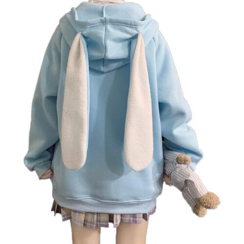 Korean Style Women Hoodies Winter 2020 Fashion Kawaii Rabbit Ears Sweatshirt Long Sleeve Loose Embroidery Zip Up Hoodie