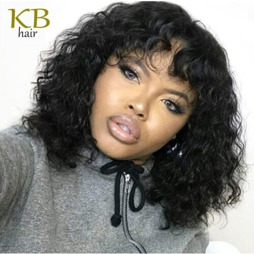 Curly None Lace Human Hair Wig With Bangs Brazilian Remy Scalp Top Wig With Bangs Kinky Curly Wigs 200Density
