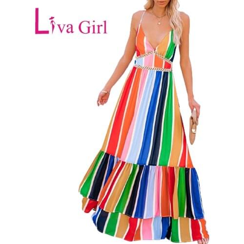 LIVA GIRL Woman Crochet Insert Multicolor Striped Maxi Dress Female Sexu V-Neck Beach Long Dress Loose Sling Dress Vestidos XL