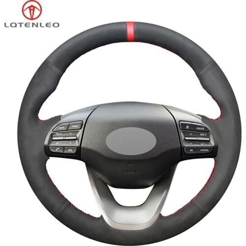 LQTENLEO Black Suede DIY Hand-stitched Car Steering Wheel Cover For Hyundai Kona 2017 2018 2019