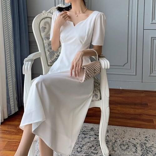 Minimalist White Tea Break Dress French High Waist Drape V-Neck Elegant Dress Black Party Temperament Dress Women Summer New