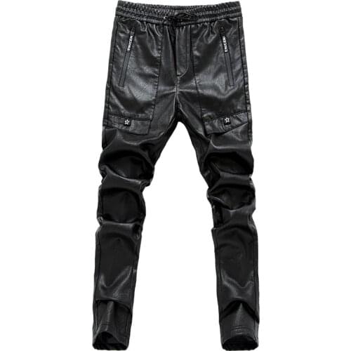 Hot 2020 new mens pu leather straight pants motorcycle casual skinny trousers Black size 28-36 A106