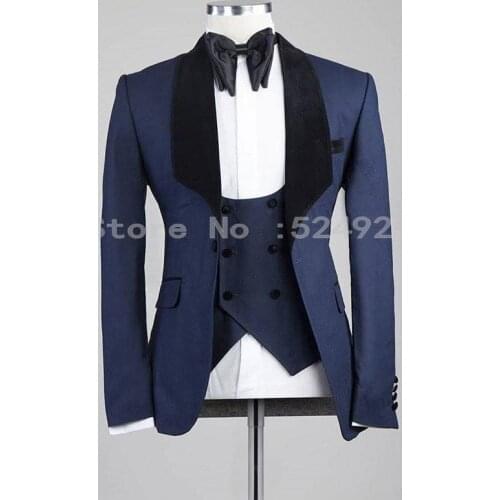 Groomsmen Navy Blue Groom Tuxedos Shawl Black Velvet Lapel Mens Suits Wedding Best Man 3 Pieces ( Jacket+Pants+Vest+Tie ) C834
