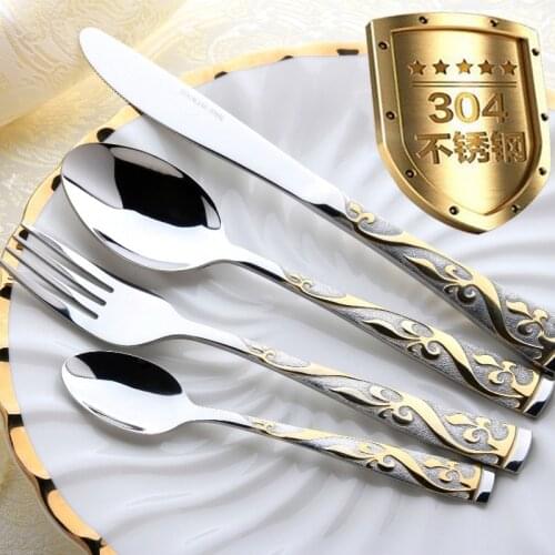 Luxury Cutlery Set Carved Eco Friendly Dining Table Stainless Steel Dinner Set Kitchen Spoon Geschirr Tableware Sets EK50DS