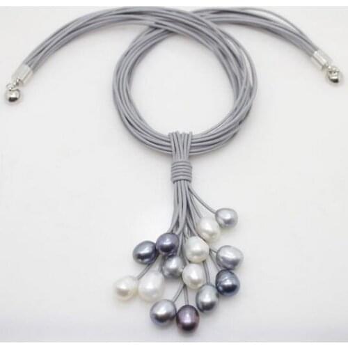 Natural Hot sale wholesale >>12mm Real White Black Gray Freshwater Pearl Necklace Leather Cord Magnet Clasp