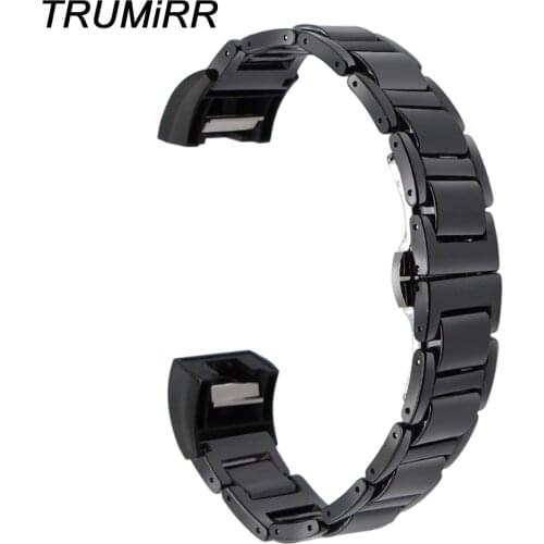 Full Ceramic Watchband + Link Remover for Fitbit Charge 2 Wristband Smart Watch Band Butterfly Buckle Wrist Bracelet Black White