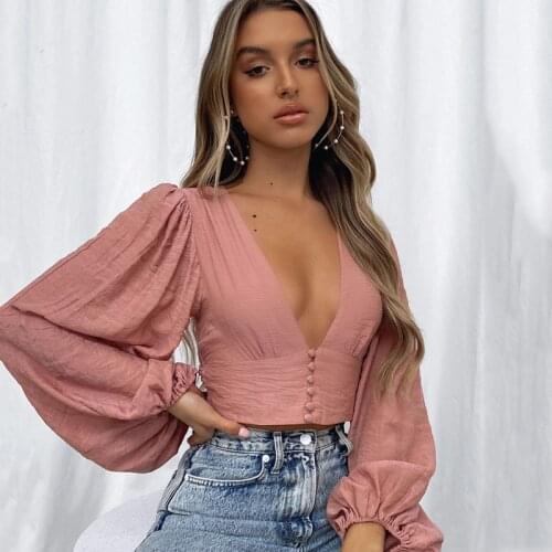 Ardm Fashion Deep V With Button рубашка женская Lantern Sleeve White Shirt Sexy Cropped Tops Spring Summer 2021 New Chic Blouses