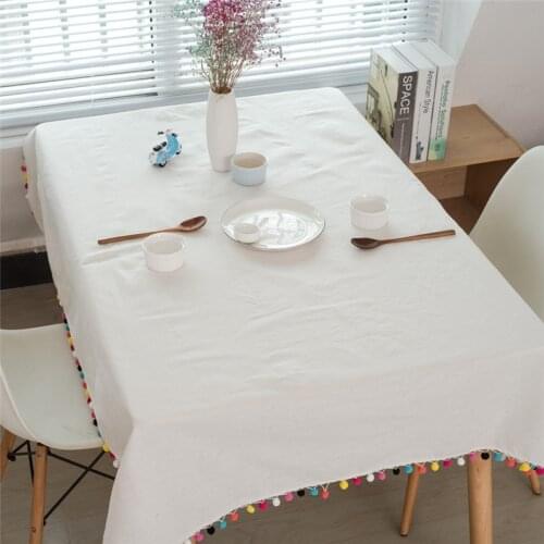 Linen Cotton Tablecloth White Plaid Christmas Decoration table cloth Color Ball Tassel Dust-proof Party Cover cloth