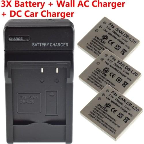 3pcs Replacement Battery + Charger + Car Plug for Sanyo DB-L20 L20A L20AU Xacti DMX-C1 Camera