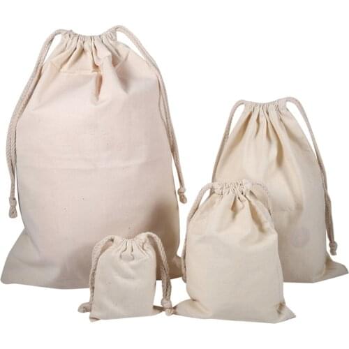 4 sizes Household Plain Cotton Drawstring Storage Laundry Sack Stuff Bag for Travel Home Use unbleached natural eco-friendly