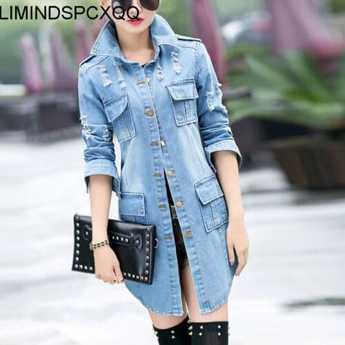 Roupas Feminina Autumn Ladies Denim Jacket European American Fashion Ripped Loose Solid Color Street Casual Lapel Long Clothes