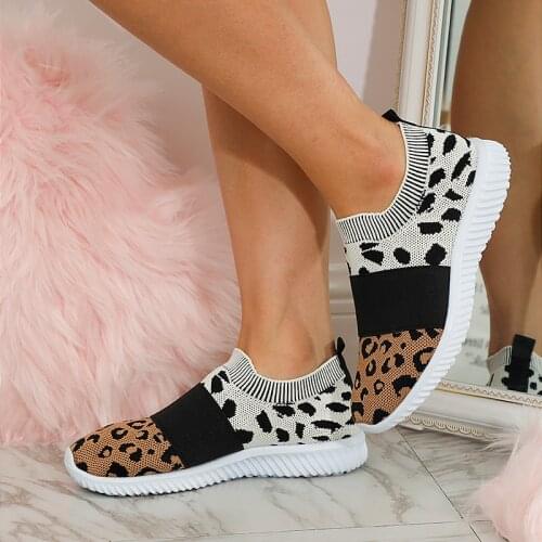 Women Flats Leopard Ladies Loafers Shoes Mesh Vulcanized Shoe Slip-On Sneakers Female Casual Breathable Plus Size Autumn Fashion
