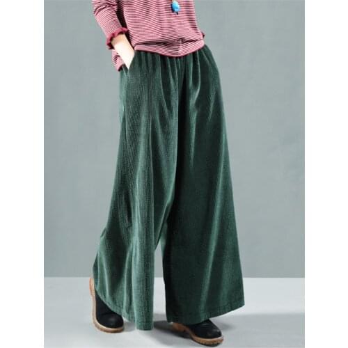Autumn Winter Pants Retro Loose Women Trousers Elastic Waist pocket Solid color Corduroy Blended Female Casual Pants 2018