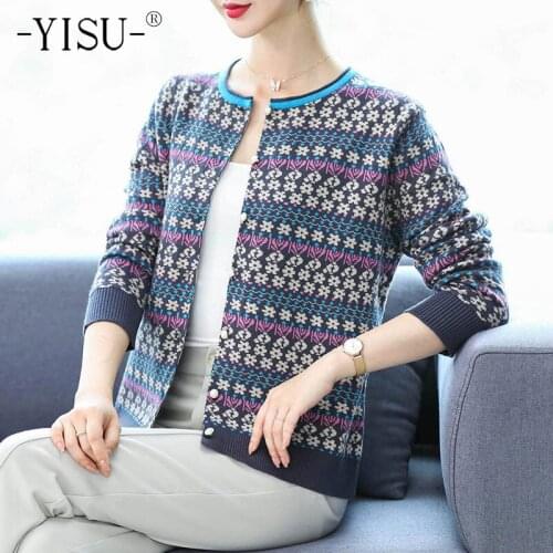 YISU Women Sweater Cardigan Printing O-Neck Long sleeve Coat Female Casual Single breasted Knitted Cardigan 2021 New Autumn