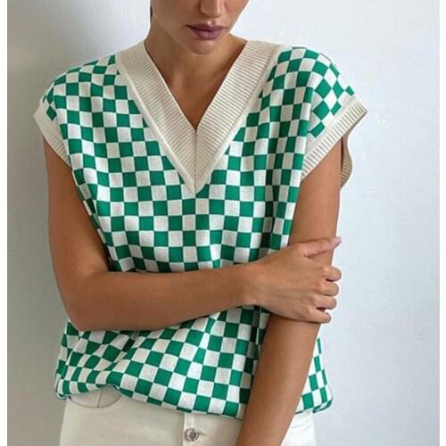 Vintage Plaid Sleeveless Knitted Womens Vest Y2K Elegant Sleeveless V Neck Harajuku Streetwear Oversize Casual Pullover Sweater