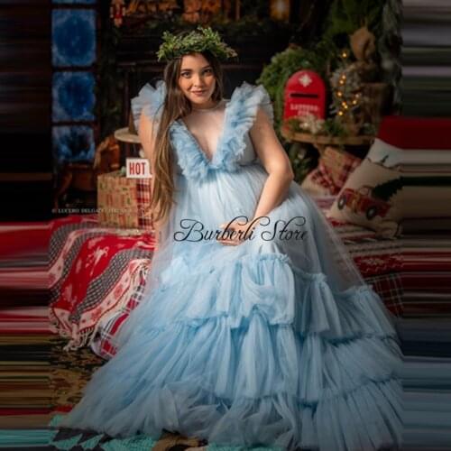 2021 Elegant Sky Blue Tiered Tulle Pregnant Women Dress V-neck Ruffles Long Robes To Photography Sleeveless Baby Shower Dress
