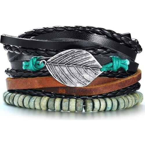 2021Trendy Bohemian Wooden Beads Fashion Braided PU Leather Cord Brown Four-piece Multilayer Bracelet Suitable For Women And Men