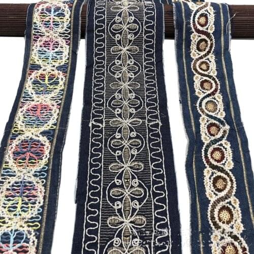 1 Yards Embroidery Denim Fabric Sequins Lace Sewing Trim Ribbon Ethnic Tribal Nepal Thai Boho Gypsy DIY Christmas Decoration