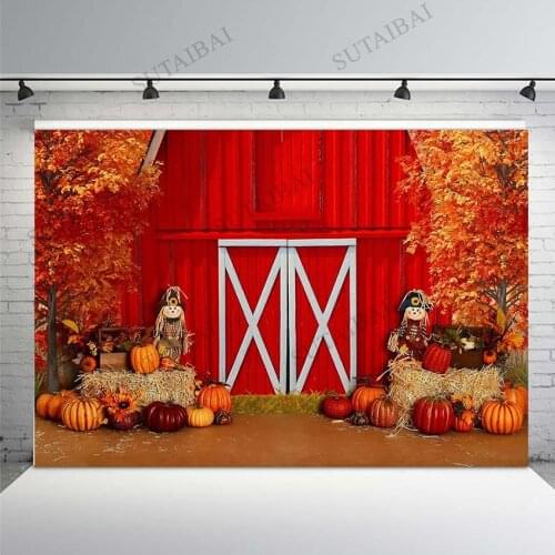 Autumn Thanksgiving Backdrop Retro Farm Red Barn Fall Harvest Pumpkin Haystack Maple Leaves Photo Background Portrait Studio