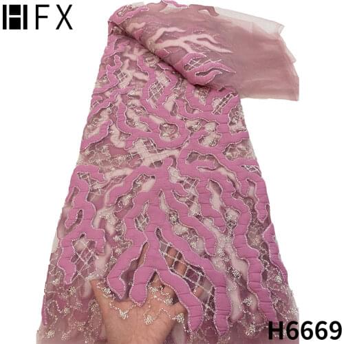 HFX French Sequins Lace Fabrics Tulle 2021 High Quality Purple Handmade Beads Latest African Laces For Wedding Dress F5376