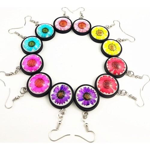 Jiangzimei 24pairs pink,red, blue, purple rose dried flowers, chrysanthemum,Daisy photos glass Eardrop black wood earrings