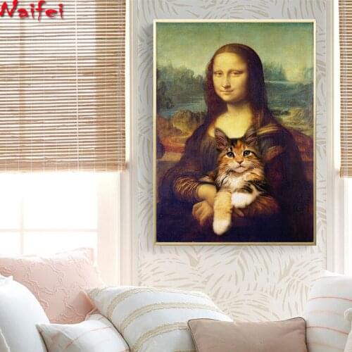 Mona Lisa And Cat Art 5d square diamond Painting cross stitch Wall Pictures For Bedroom Living Room Decorative Picture