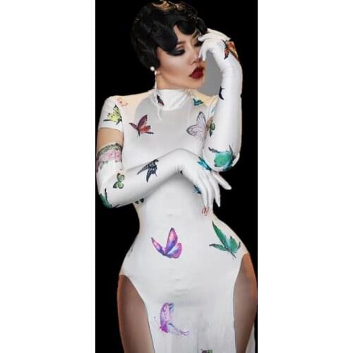 Chinese Style Butterfly Print Party Cheongsam With Gloves Women High Slit Evening Bodycon Dress Prom Long Dress Dancer Costumes