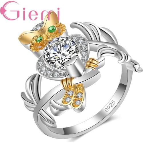 Cute Owl Leaves Design Real Sterling Silver 925 Stamped Women Man Finger Rings Accessories Filled Shiny Crystals CZ