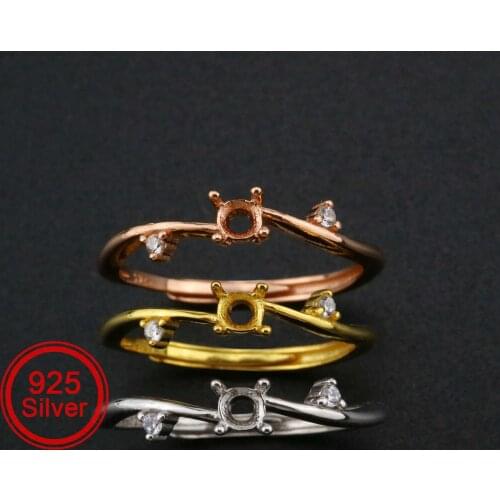 3MM Round Prong Ring Settings Tree Branch Solid 925 Sterling Silver Rose Gold Plated DIY Adjustable Ring Bezel 1210086