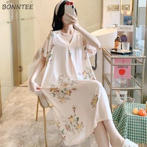 Women Nightgowns Short Sleeve Knee-length Floral Elegant Summer Comfort Thin Fashion Sleepwear V-neck Female Baggy Leisure Lady