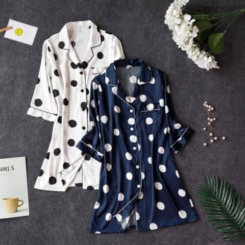 2020 Spring Summer Nightdress Women Print Sleepshirts Half Sleeve Sleepwear Silk Nightwear Cute Nightshirts Satin Nightgowns