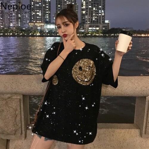 Neploe 2021 News Autumn Korean Loose Sequined Black T Shirt Sweet Style O Neck Smiley Face Pattern Tee Ins cotton Girl Top 45496
