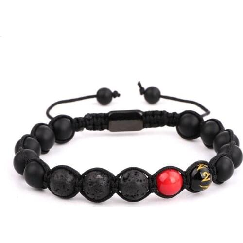 New Design Tibetan Buddhism Style Black Onyx Lava Rock Stone Beaded Cord Woven Bracelet Adjustable Men