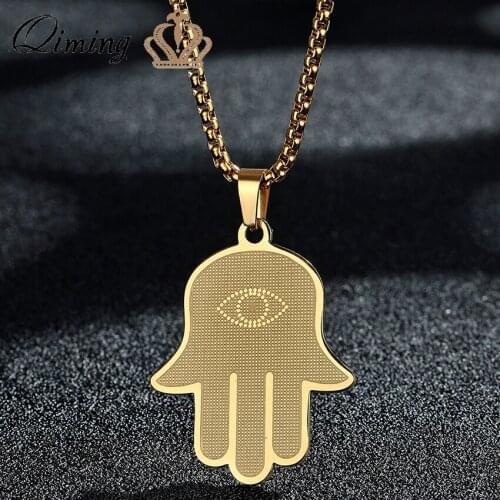 Hand Hamsa Of Fatima Necklace For Women Men Vintage Stainless Steel Jewelry Evil Eye Pendant Necklace Turkish Lucky Party Gift