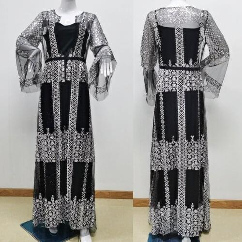 Maxi Dress Women Sexy Mesh Africa Clothing 2pecs Bronzing Large Swing Banquet Party Dance Prom Club Flare Sleeve Summer Vestidos