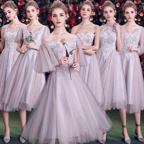 Bridesmaids Dresses Illusion Straoless Embroidery Lace Tulle Crystal Pearls Sleeveless Luxury Gray Women Wedding Party Gown E079