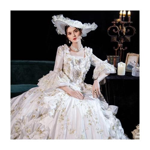 Luxury flare sleeve ruffled rococo ball gown golden leaf embroidery Renaissance Gown queen Victorian/Marie Antoinette Belle