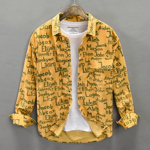 Newly Autumn Winter Fashion Men Shirts Long Sleeve Cotton Casual Corduroy Shirt Men Letter Printed Designer Street Hip Hop Shirt
