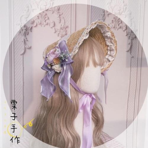 Lolita Elements Hand made Straw Hat Flat hat Bonnet Vintage Mori Gi Lolita Elements Hand made Straw Hat Flat hat Bonnet Vintage