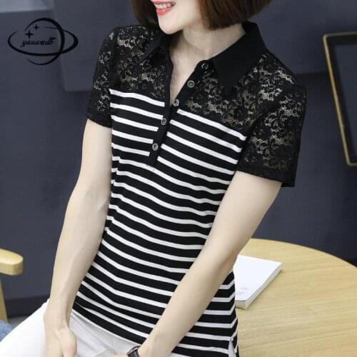 Lace Stripe Women Polo Shirts Summer M-4xl Cotton Female Tops Tees Clothing Short Sleeve Sweet Ladies Clothes Y86