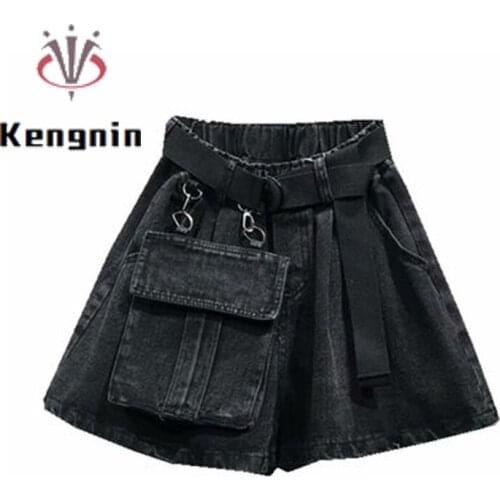 2021 Summer Oversized Women Denim Shorts Elastic High Waist A-Line Jean Shorts Big Pockets Wide Leg Female Pantsalone KE1299