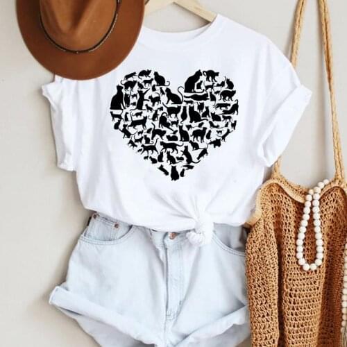 Women Cartoon Cat Pet Funny Heart Cute 90s Trend Fashion Summer Lady Print Tee Graphic T Top Female Tshirts Clothes T-Shirt
