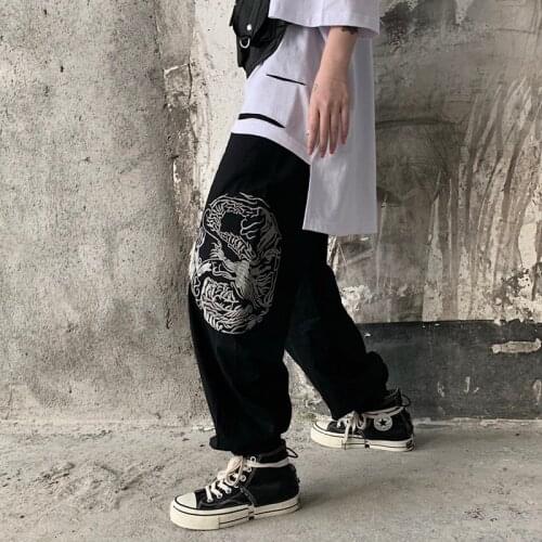 Japanese Streetwear Women Harem Pants 2020 Hippie Pants Woman Embroidery Dragon Trousers Black Traditional Chinese Pants 10082