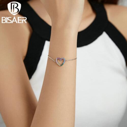 BISAER 2021NEW Silver 925 Jewelry Colorful Zircon Heart Rainbow Love Chain Bracelet For Women Fine Jewelry Festival Gifts ECB216