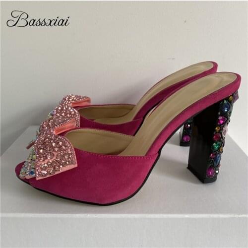 Diamond High Heel Slingbacks Mules For Girls Luxury Suede Peep Toe Rhinestone Butterfly-flower Summer Sandals Women